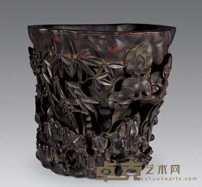 清早期 紫檀三友笔筒 高15cm